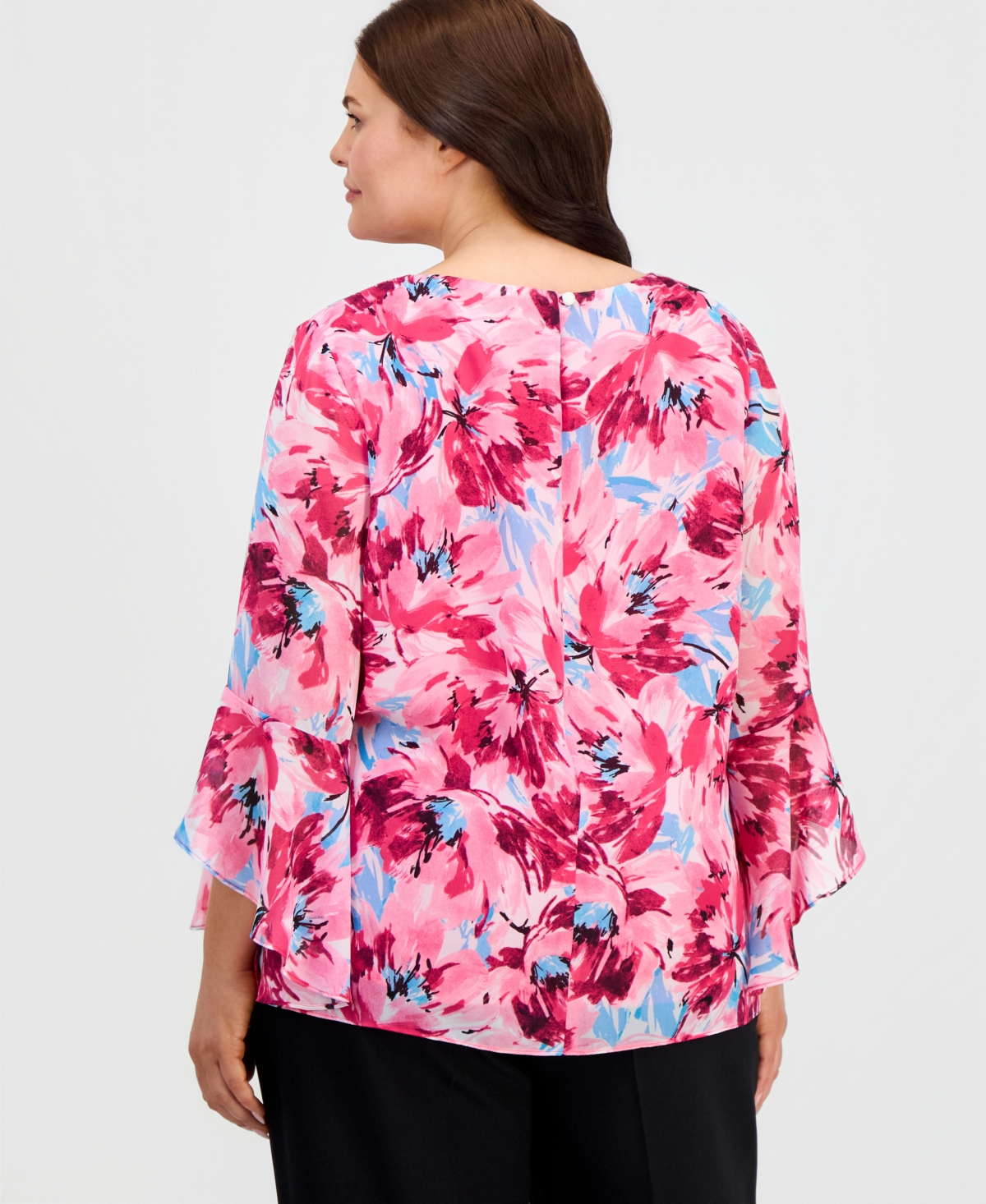 Kasper Plus Printed Ruffled 3/4-Sleeve Top