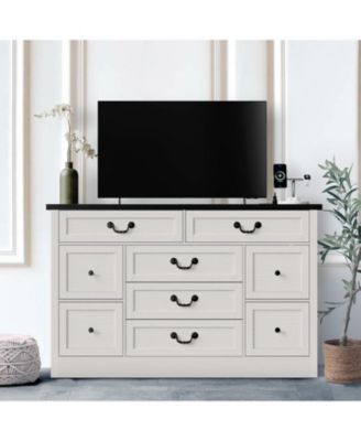 9-Drawer Farmhouse Engineered Wood Dresser, Built-In Charging Station, Anti-Tip Device, Bedroom, Black