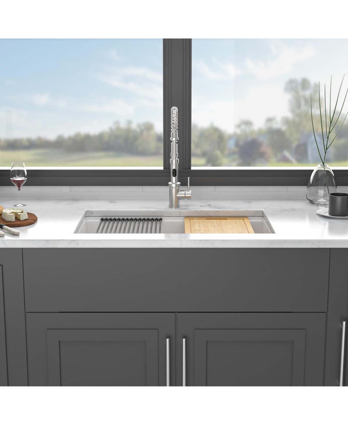 flynama 33x19x9.65inch White Quartz Composite Kitchen Sink Workstation Undermount Granite