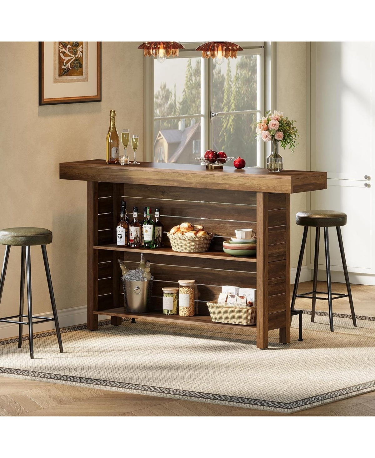 Tribesigns Industrial 3-Tier Bar Table, 63" Wooden Rectangular Home Bar Unite, Modern Counter Height Pub Table with Storage Shelves and Metal Footrest