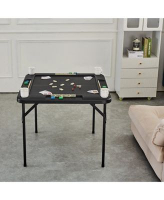 Folding Mahjong Table for 4 Players with Cup Holders & Chip Trays, Portable Square Card Table, Black