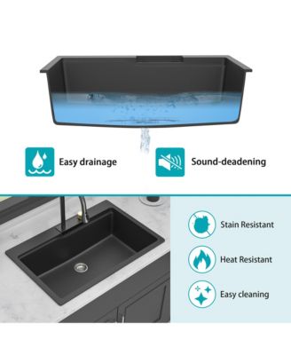 33x22x10inch Black Composite Granite Quartz Drop In Single Bowl Workstation Waterfall Kitchen Sink with Pull Out Faucet