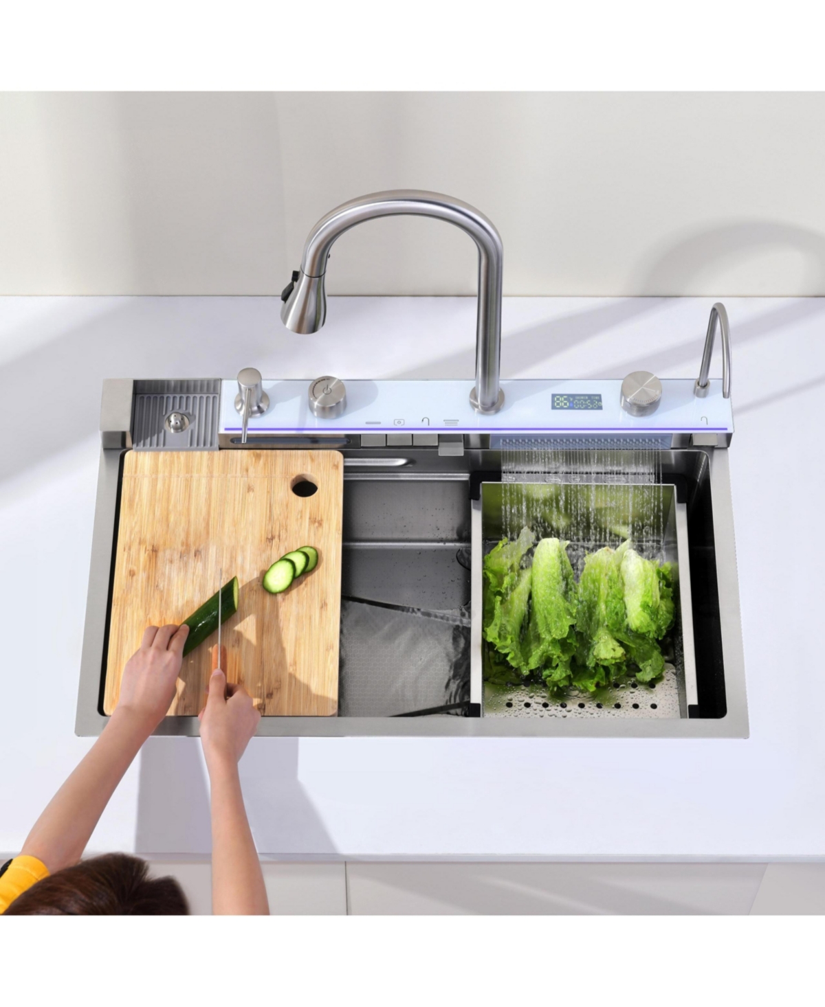 flynama Smart Waterfall Kitchen Sink Single Bowl Pull Out Faucet 304 Stainless Steel