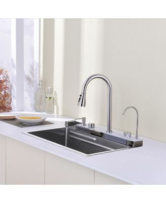 Smart Waterfall Kitchen Sink Single Bowl Pull Out Faucet 304 Stainless Steel
