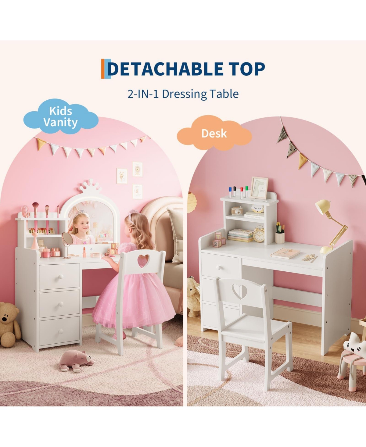 gaomon Kids Vanity with Lights – 2-in-1 Princess Makeup Toddler Table Stool & Drawers, Wooden Girls Desk for Pretend Play