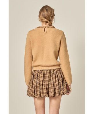 Women's Sheer Floral Bow Trim Sweater