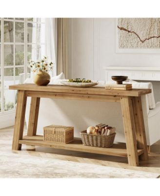 70.9" Solid Wood Console Table, 2-Tier Farmhouse Sofa Table for Entryway & Living Room, Natural
