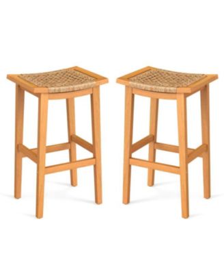 Set of 2 Outdoor Acacia Wood Bar Stools with Rattan Seats