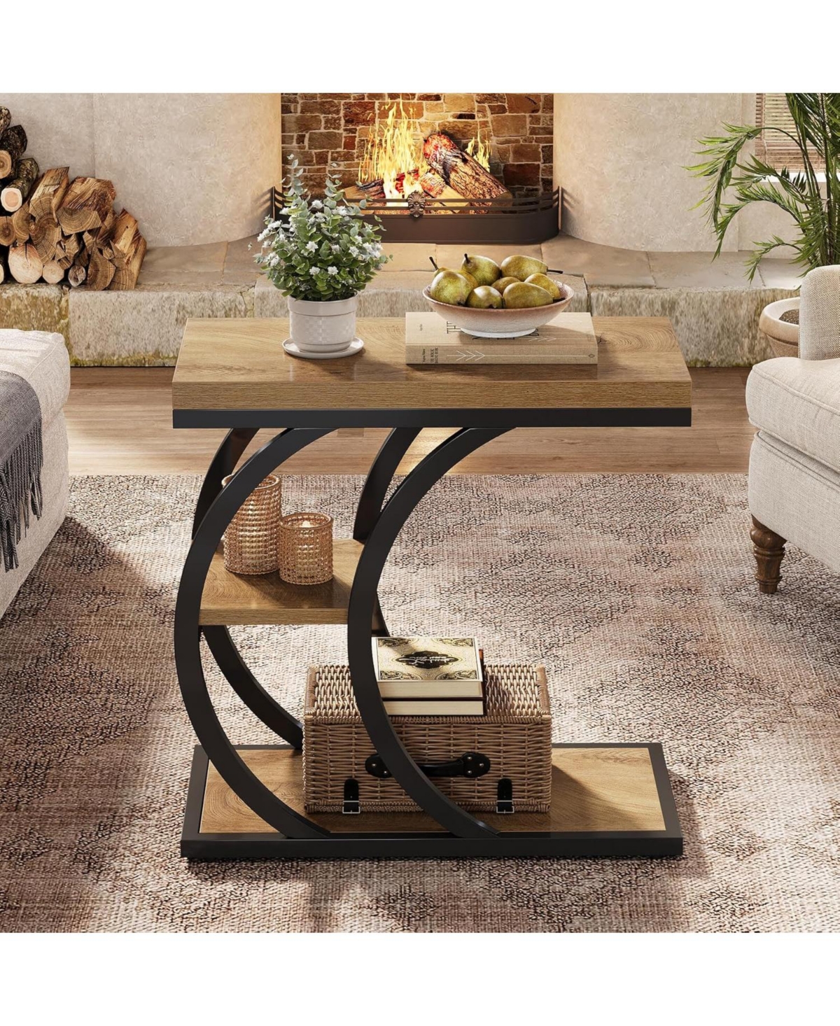 Tribesigns End Table for Living Room, 3-Tier Narrow Wood Couch C-Shaped Side Table with Storage, Industrial Nightstand