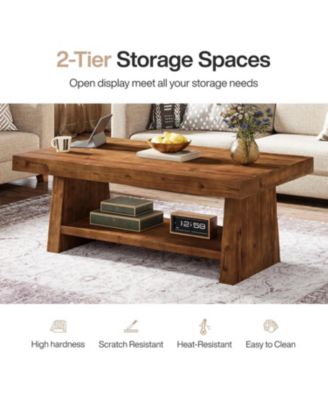 Solid Wood Coffee Table, 47-Inch Farmhouse Coffee Table with Storage, 2-Tier Rectangular Center Furniture