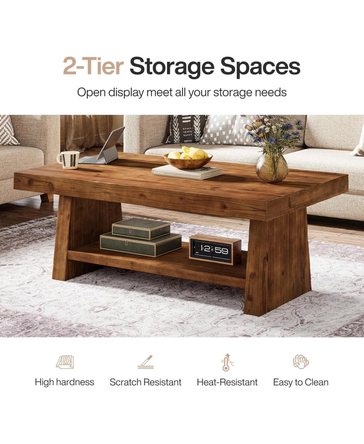 Tribesigns Solid Wood Coffee Table, 47-Inch Farmhouse Coffee Table with Storage, 2-Tier Rectangular Center Furniture, Natural Brown