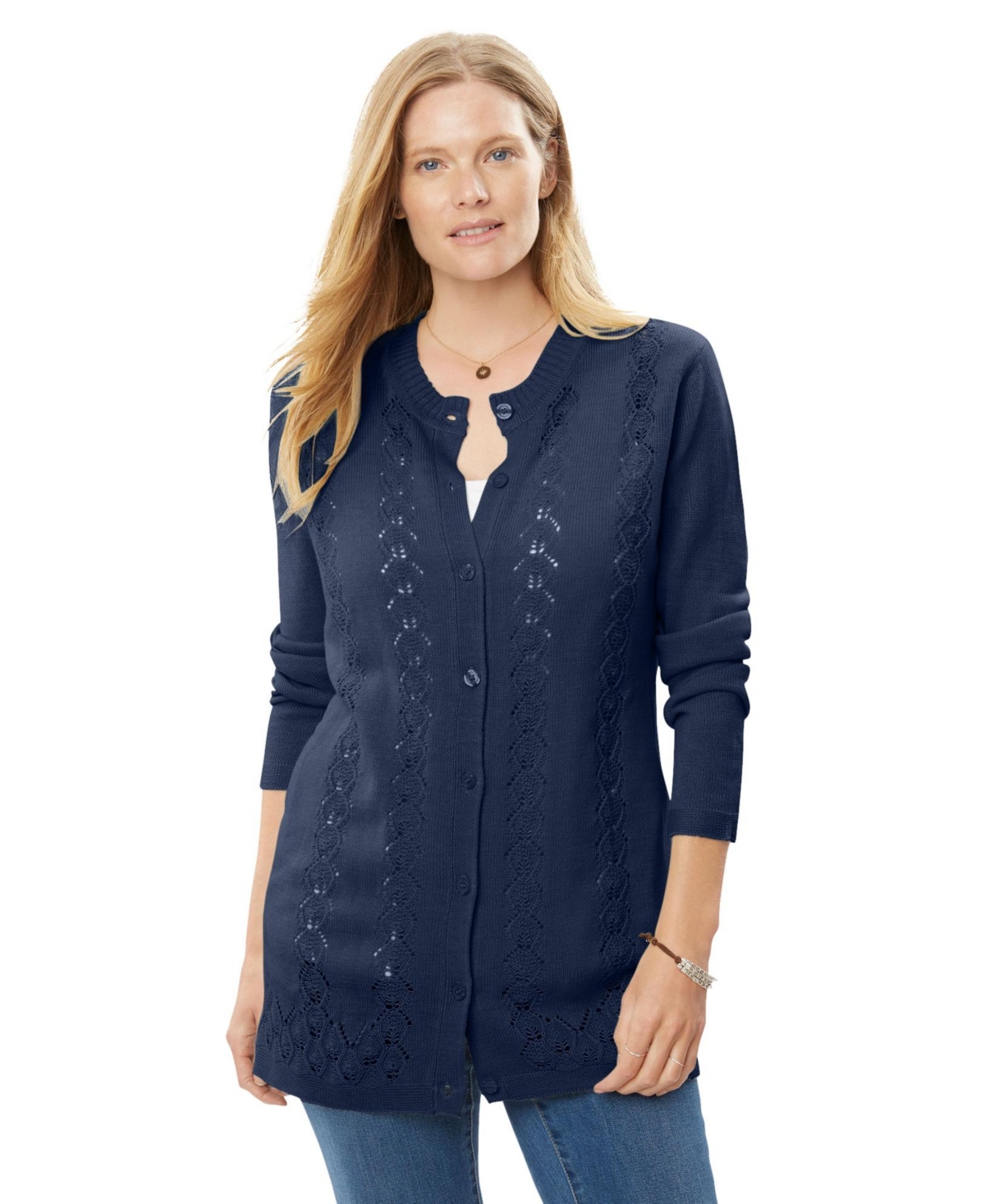 Woman Within Plus Long-Sleeve Pointelle Cardigan