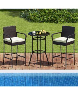 Outdoor Rattan Bar Table Set with 2 Cushioned Chairs
