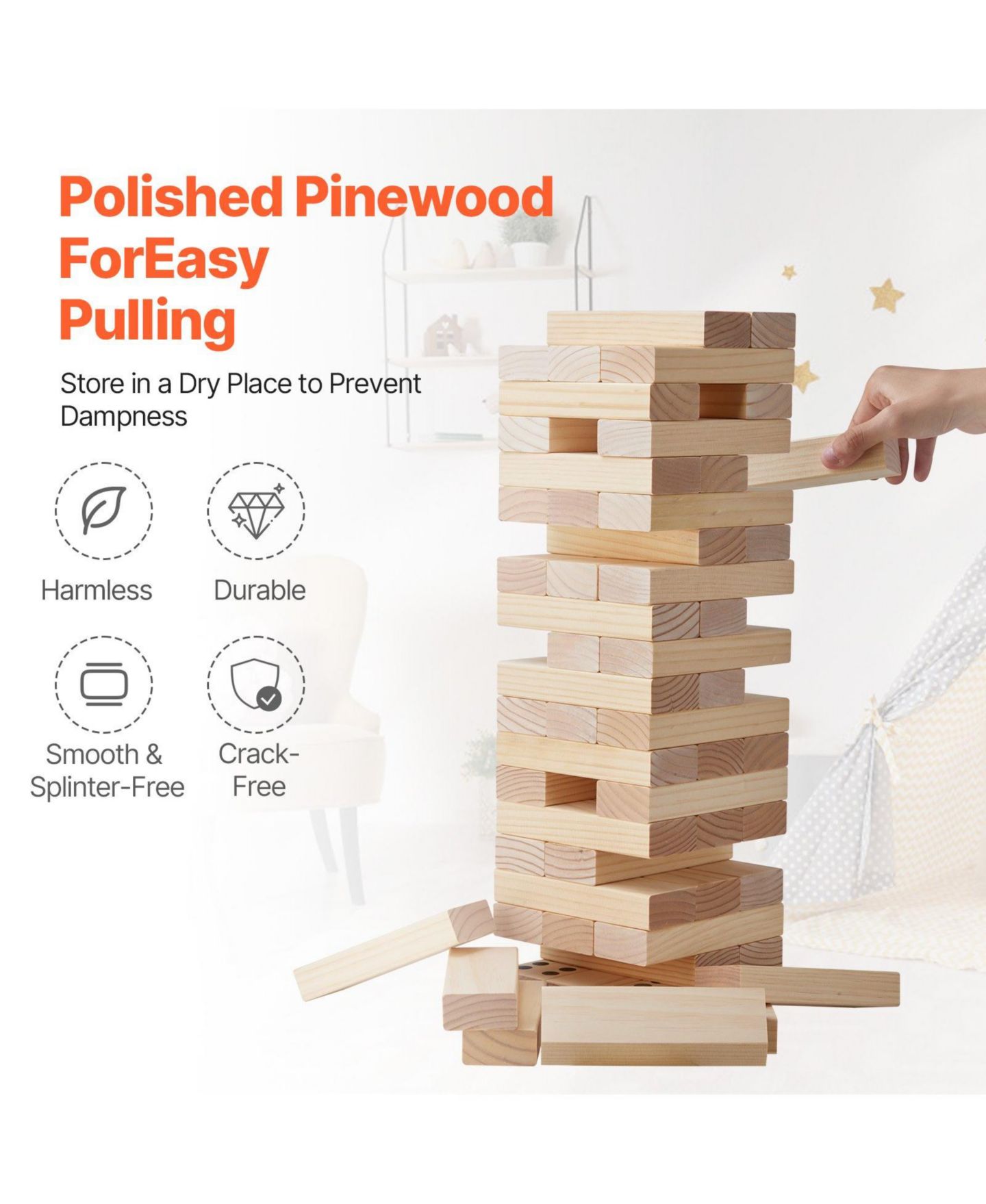 Детские игрушки HONGGE Giant Wooden Tumbling Tower Game with Domino Blocks, 60 Pieces, Ages 3+, цвет: Натуральный — фото 7