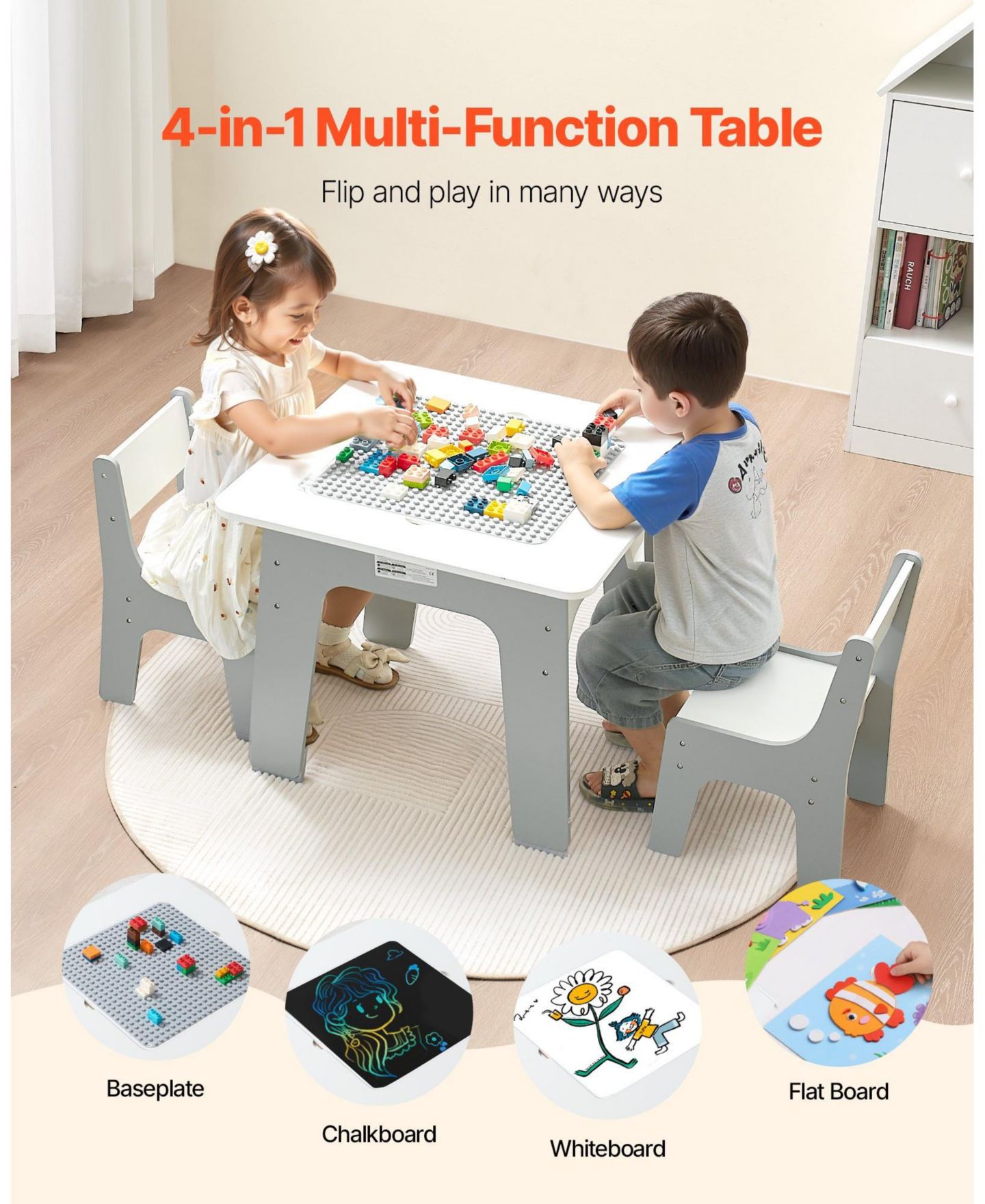 Детские игрушки HONGGE Kids Activity Play Table with Storage and Reversible Desktop, 3-Piece Set, Ages 3+, цвет: Серый — фото 5