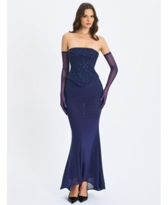 Women's Orabelle Navy Beaded Peplum Mermaid Gown with Lace-up Back