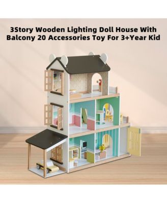 Light-Up Dollhouse for Girls, 3-Story Wooden House with Balcony & Furniture