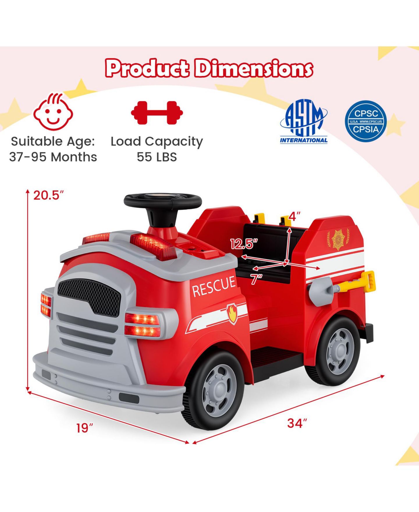 Детская игрушка HONGGE Electric Fire Truck Ride-On with Remote Control, 34"L x 19"W x 20.5"H, Ages 3+, цвет: Красный — фото 2