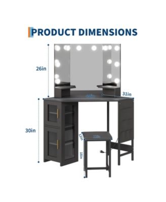 Corner Vanity Desk LED Lighted Mirror Charging Station and Storage Cabinet for Bedrooms, Apartments, Easy to Assemble