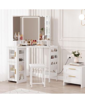 Corner Vanity Desk LED Lighted Mirror Charging Station and Storage Cabinet for Bedrooms, Apartments, Easy to Assemble