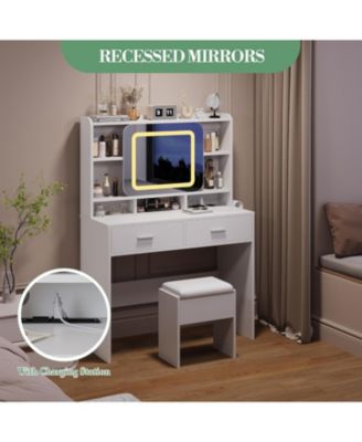 Vanity Desk Sliding Mirror - Makeup Desk and Stool for Bedrooms, Apartments, Easy to Assemble