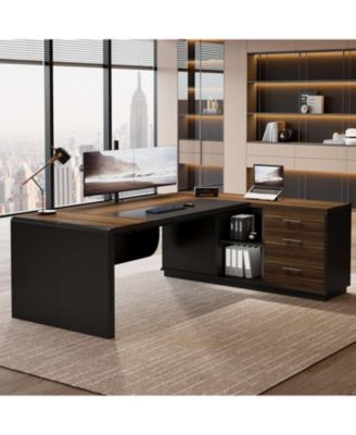 81-Inch L-Shaped Office Desk, Large Commercial Office Desk with Drawers and File Cabinet, Modern Professional Business Furniture
