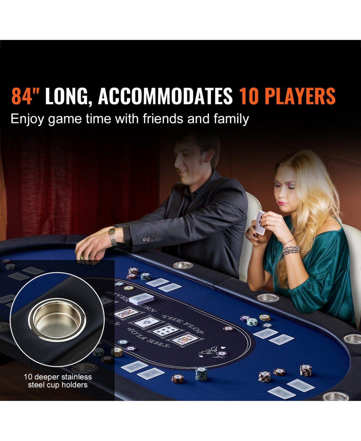 Mecale 84" Oval Foldable Poker Table for 10 Players, Padded Rails, Stainless Steel Cup Holders, Portable Blackjack & Card Table
