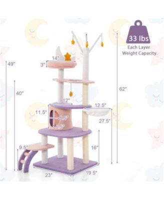 62" Tall Multi-level Cat Tower with Scratching Posts in Purplish Pink
