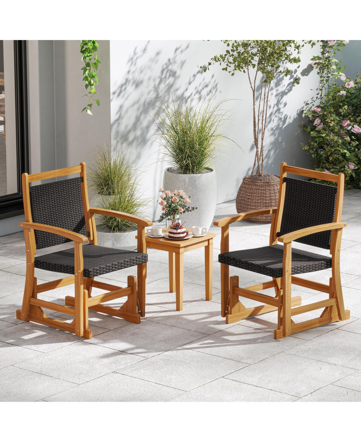 Slickblue Patio Rattan Glider Chair with Acacia Wood Frame and Wicker Seat
