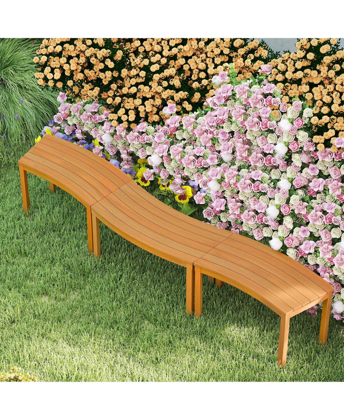 Slickblue Outdoor Curved Wood Bench Set of 3 for Front Porch