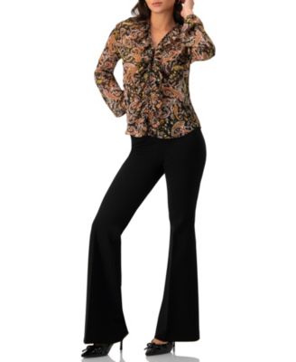 Women's V-Neck Ruffle Trim Printed Blouse