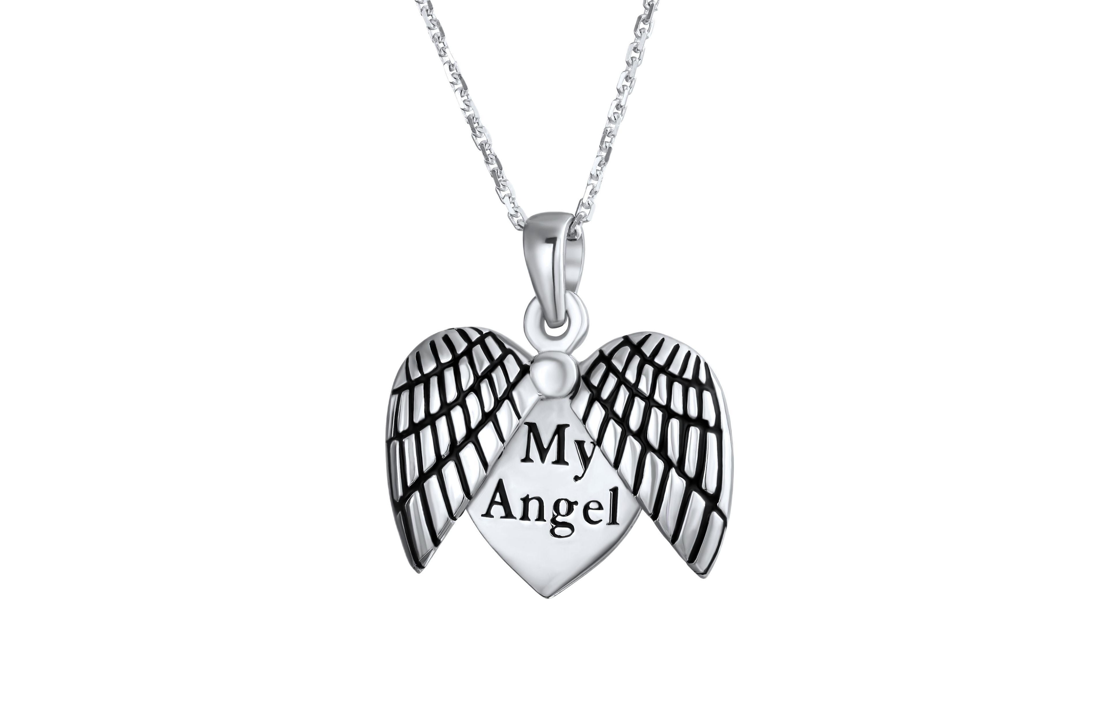 Bling Jewelry My Angel Word Angel Wing Heart Locket Pendant Necklace .925 Sterling Silver