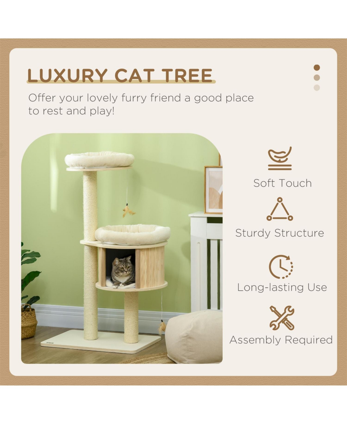 Aostirmotor 46.5" Tall 3 Level Cat Tower with Scratching Posts in Natural