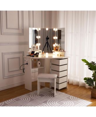 Farmhouse Vanity Desk with Mirror and Lights,Modern Makeup Vanity with Charging Station