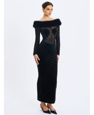 Women's Alexis Black Animal Print Fur Boatneck Maxi Dress