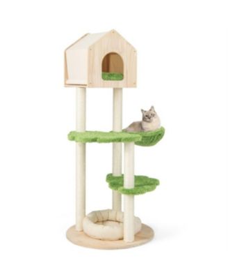 55" Tall Multi-level Cat Tower with Scratching Posts and Soft Cat Bed in Green