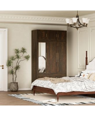 Wardrobe With Top Cabinet And Mirror，Bedroom Closet，Armoire,Brown