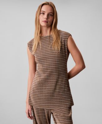 Women's Plisse Print Boat Neck Tunic Top