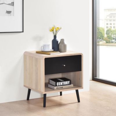 Nathan Side End Table with Drawer Open Shelf, Bedroom Bedside Nightstand, Oak/Black
