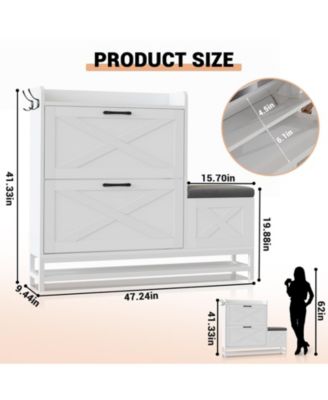 2-Drawer Flip Shoe Cabinet with Bench, Rustic Brown, Hidden Storage & Hooks for Entryway or Living Room.