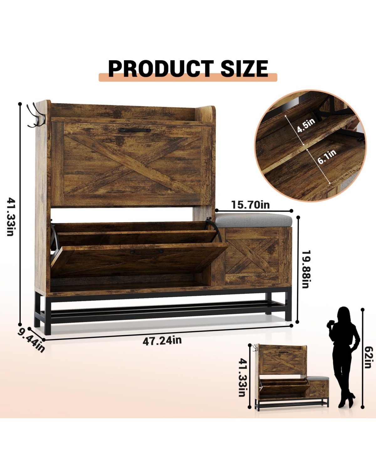 Gaomon 2-Drawer Flip Shoe Cabinet with Bench, Rustic Brown, Hidden Storage & Hooks for Entryway or Living Room.