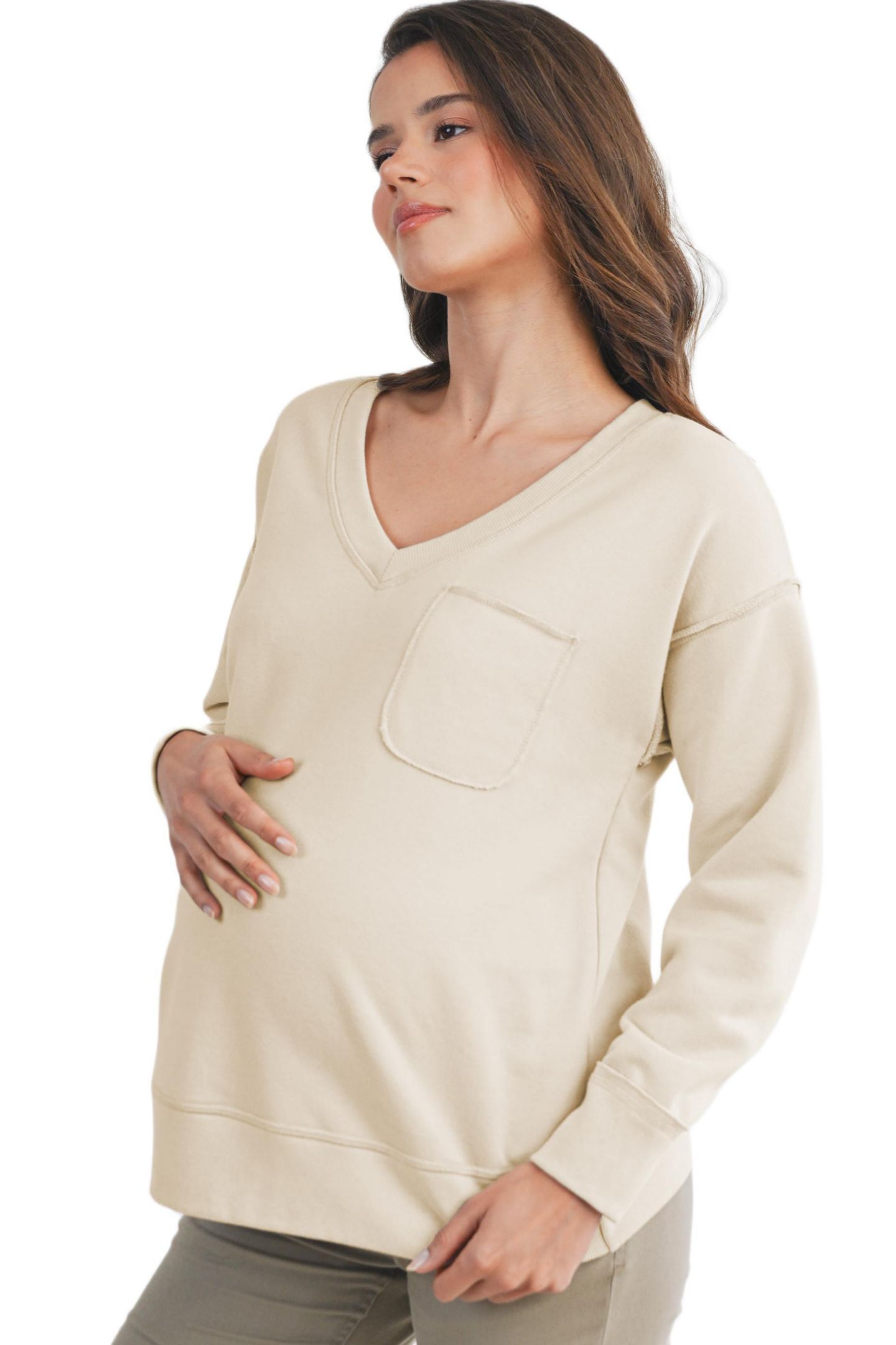 Женский свитшот Hello Miz Maternity V Neck Long Sleeve Front Pocket, цвет: Бежевый — фото 2