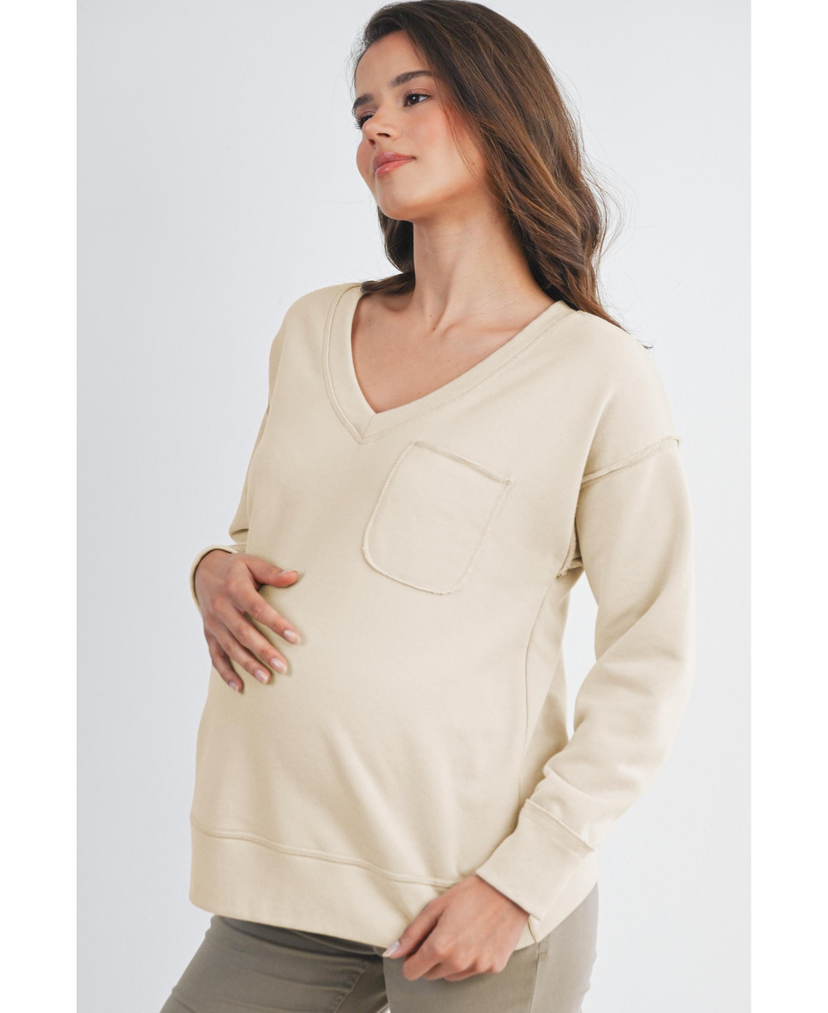 Hello Miz Maternity V Neck Long Sleeve Front Pocket Sweatshirt