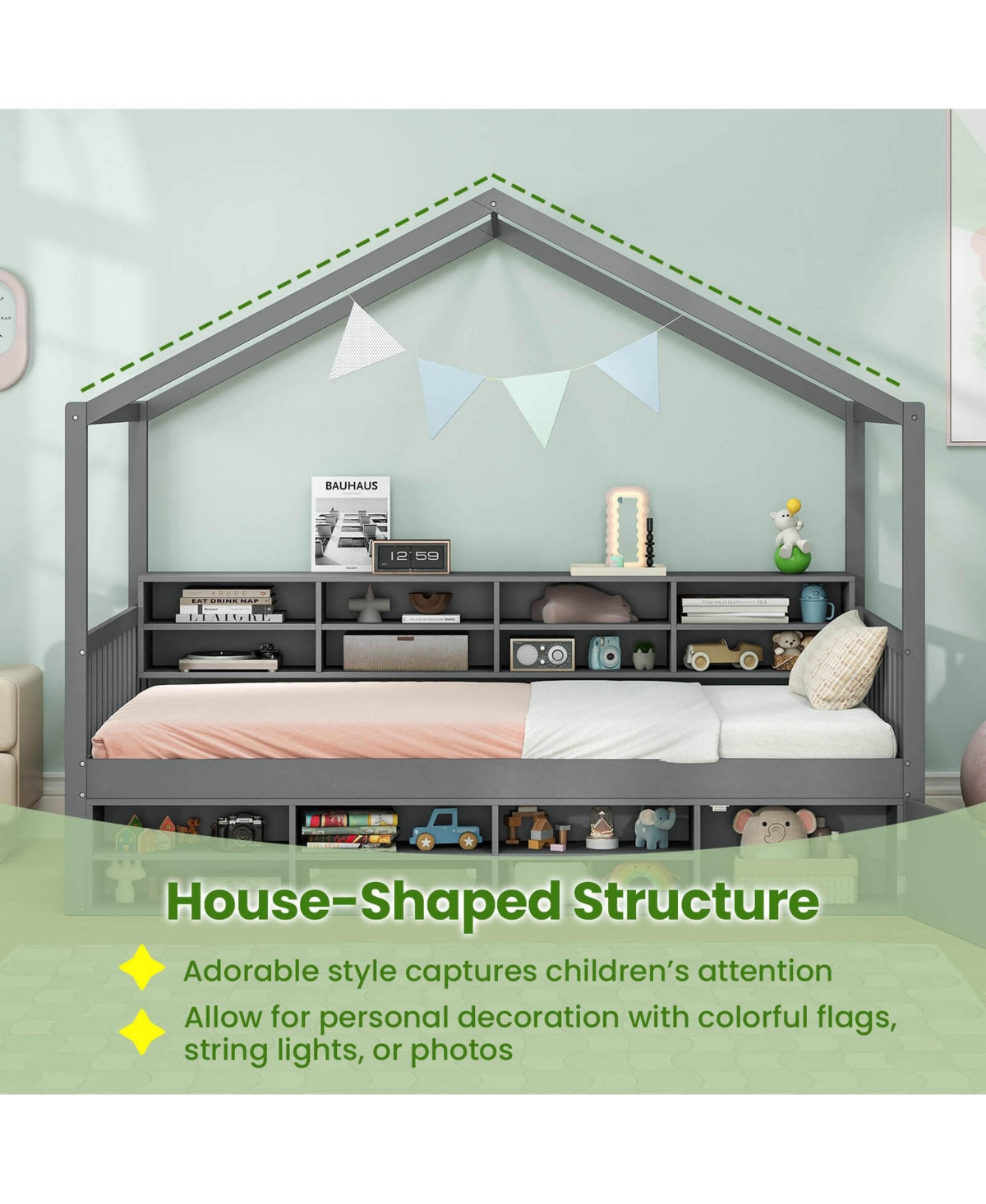Costway Twin Size House Bed Wooden Platform Bed Frame with Roof & 14 Storage Cubes