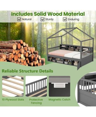 Twin Size House Bed Wooden Platform Bed Frame with Roof & 14 Storage Cubes