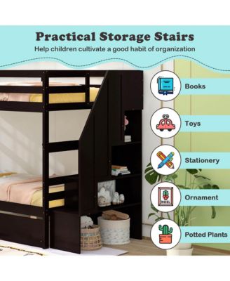 Twin Over Twin Bunk Bed with Storage Stairs & Drawers Full-length Guardrails
