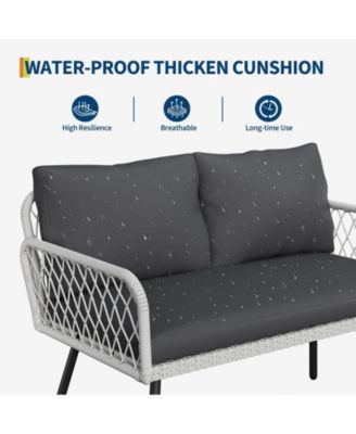 Patio Furniture Set, 2 PE Wicker Chairs with loveseat & Glass Top Coffee Table, Outdoor Couch Set with 5mm Cushions for Balcony