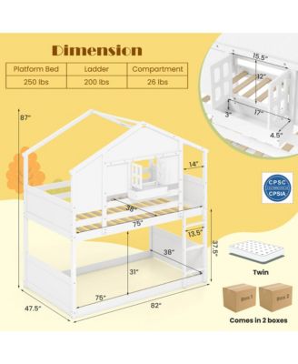 Twin Over Twin Bunk Bed for Kids with Roof Lockable Window Storage Box Wood Slats