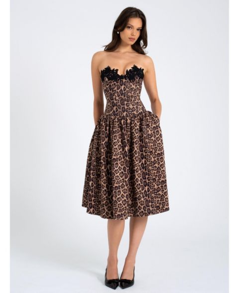 Женское платье Miss Circle Women Uchenna Cheetah Print Stretchy Strapless Midi with lace trim, цвет: С принтом