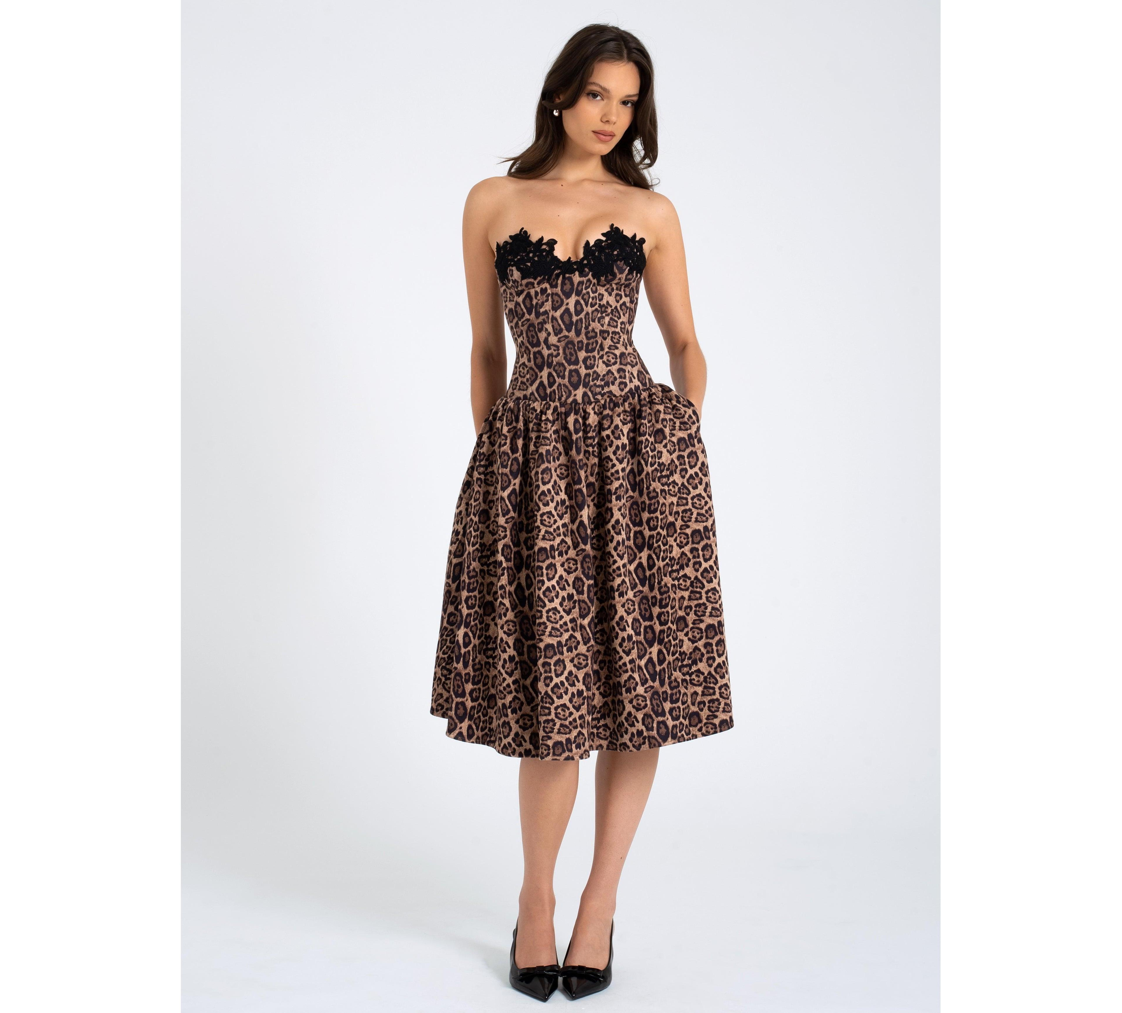 Miss Circle Women Uchenna Cheetah Print Stretchy Strapless Midi Dress with lace trim